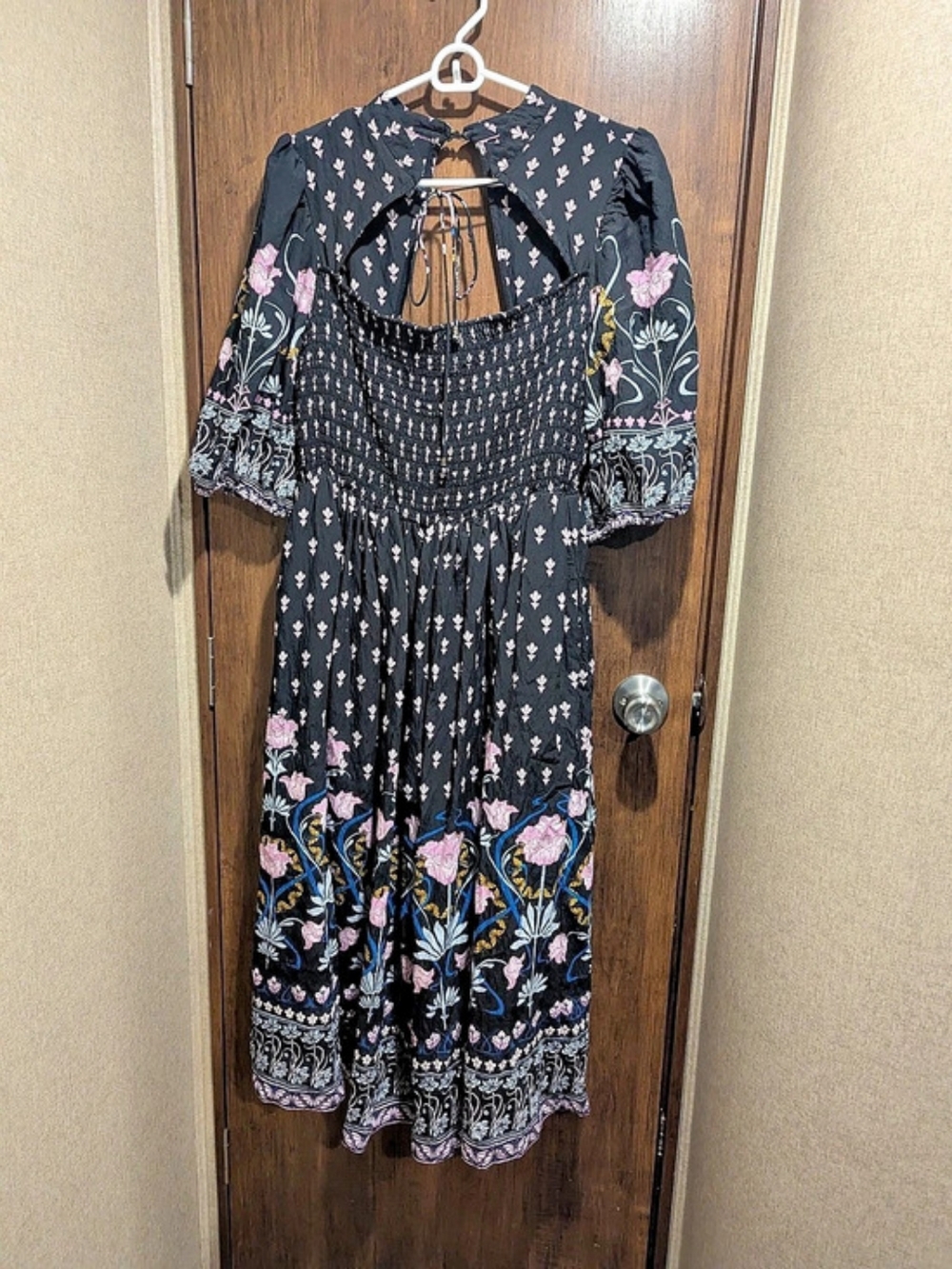 Anthropologie Dasha Smocked Midi Dress, Floral Boho Cutout Back, Puff Sleeve, M